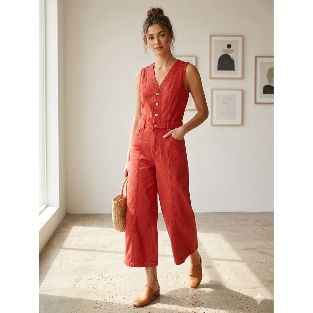 Universal Thread Red Denim Sleeveless Wide Leg Button Front Jumpsuit NWT Size 10